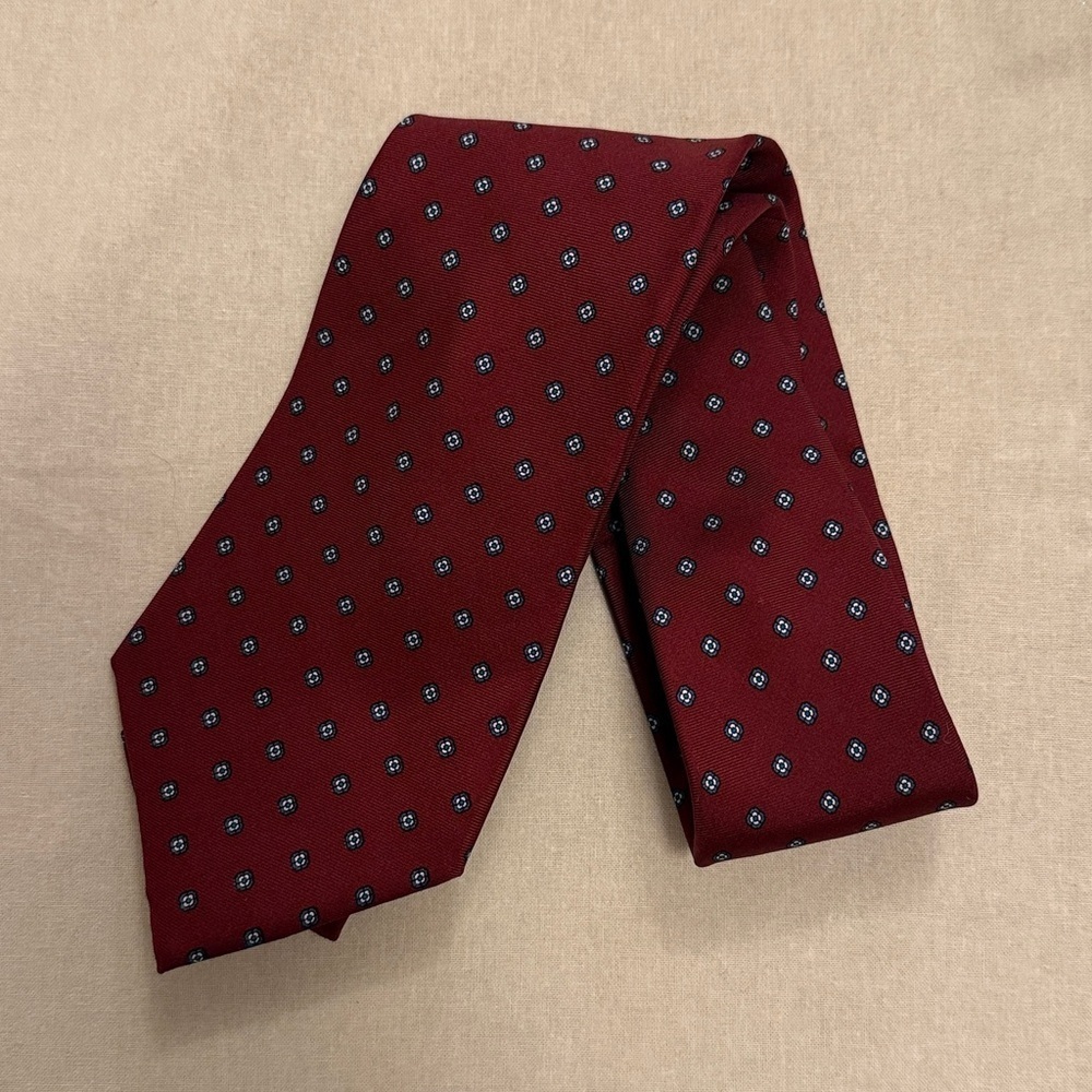 Dior Maroon Red 100% Silk Tie with‎ Blue Dots